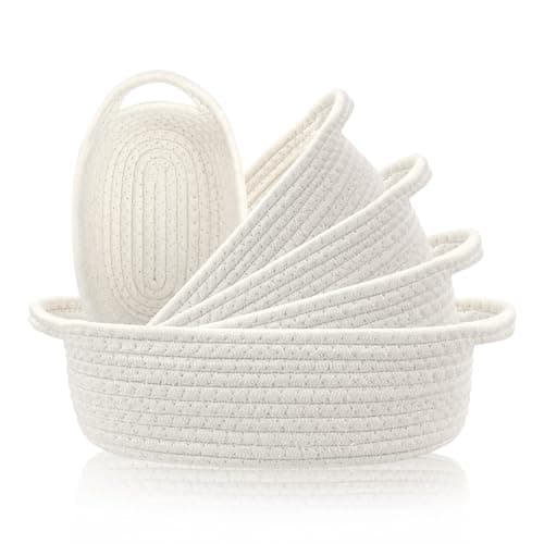 Image of Mulaibdin 5 Pcs Storage Baskets, Cotton Rope Woven Baskets Storage Bins, Bathroom Basket for Toiletries with Handle, Toy Basket Storage Small, Fabric Storage Boxes Organizer for Shelves (White)
