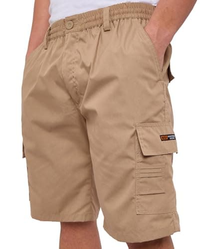 Image of LABEL APPAREL Mens Cargo Combat Shorts Casual Cotton Elasticated Waist Regular Fit Cargo Short Summer Workwear Half Knee Length Pants Lightweight Hiking, Beige 3XL