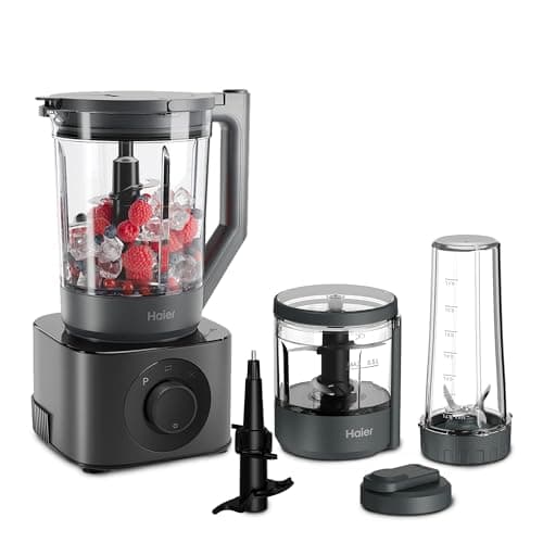 Image of Haier Series 7 Kitchen Machine Food Blender, 6 Automatic Programs: Chop, Blend, Ice Crush, Cream, Knead & PreClean, 10 Speeds, Pulse, Includes Jug, Chopper Bowl & Travel Jug, 1200W [Grey]