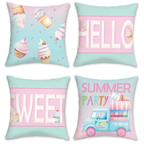 Image of COZZSNUGE Summer Ice Creams Cushion Covers Pink Teal Blue Hello Sweet Truck Decorative Pillowcases for Sofa Bed Home Patio 45 x 45 cm Set of 4