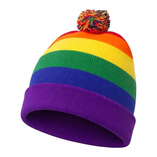 Image of WickedFun® Unisex Rainbow Striped Gay Pride Knitted Beanie Hat, Warm Winter Short Pom Pom Multi Color LGBT Hats, Beanie Winter Caps For Mens And Womens One Size (1X Hat Only)