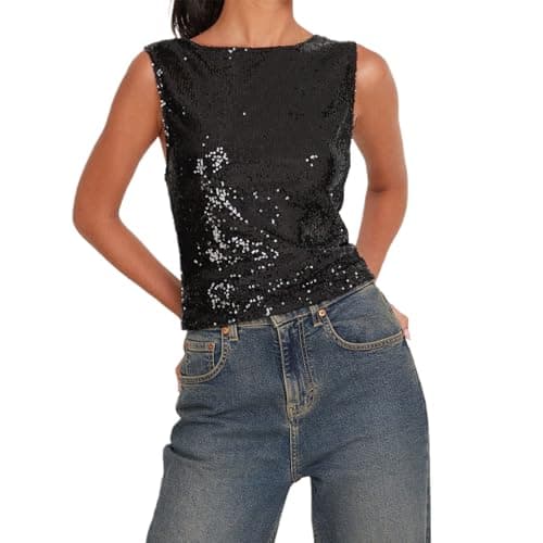 Image of Women's Shine Sequin Tank Tops Sleeveless Crew Neck Glitter Slim Fit Vest Y2K Tops for Club Party (Black, L)