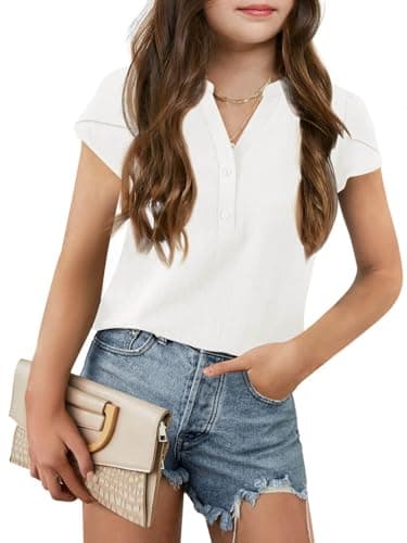 Image of Haloumoning Girls' Blouses Short Sleeve Summer V-Neck Fashion Leisure Plain T-Shirt for Children Tops Shirts, White, 9-10 Years