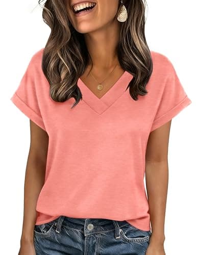 Image of Zeagoo T Shirts for Women Ladies Short Sleeve Tops V Neck Casual Oversized T-Shirt Summer Elegant Tee Shirt Orange Pink XL