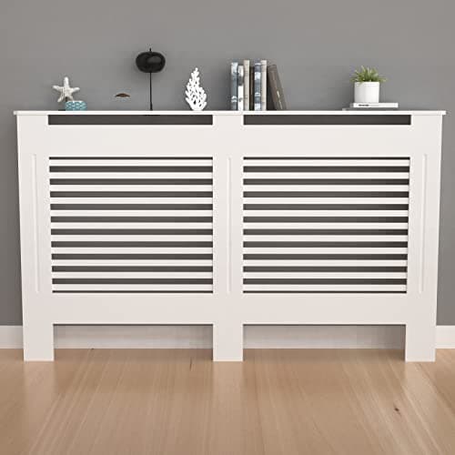 Image of FATIVO High Radiator Cover Wood Cabinet: External 92cm Height White Large Heater Covers Inner Heights 90cm Horizontal Slats Modern Tall Radiator Shelf Thicken MDF Wooden Kitchen Bedroom