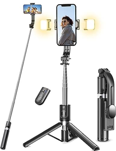 Image of Selfie Stick Tripod with 2 Fill Lights, 45'' Extra Long Phone Tripod with Detachable Remote for iPhone 17 16, Samsung Galaxy, TikTok Vlogging