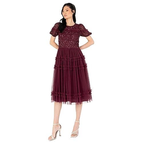 Image of Women's Midi Dress Ladies Sequin Embellished Short Sleeve Ruffle for Wedding Guest Bridesmaid Occasion Evening Ball Gown, Wine, 20