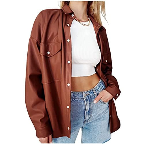 Image of PDYLZWZY Women's Button Down Faux PU Leather Jacket Shacket Casual Shirt Long Sleeve Blazer Coat with Chest Pocket, Red-brown, L