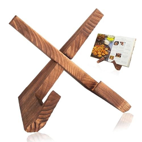 Image of Tenbrachian Wooden Recipe Book Stands for Kitchen Cookbook Holders, Cook Book Stands for Kitchen, Wooden Cookbook Stand Kitchen, Farmhouse Rustic Recipe Holder for Reading Book Display(Brown)