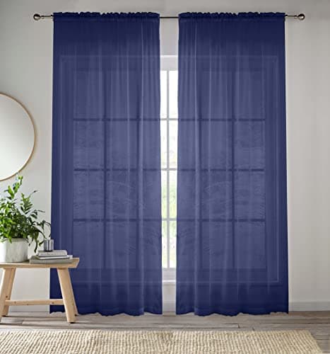 Image of Enhanced Living Pair of Navy Slot Top Voile Curtains (57" Wide x 72" Drop) 145 x 183cm - Plain Woven Set of 2 Sheer Curtains for Living Room & Bedroom