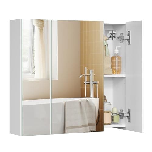 Image of VASAGLE BBK22WT Bathroom Wall Cabinet with Mirror, 3 Door Storage Unit, 60 x 15 x 55 cm, with Adjustable Shelf, Modern, White BBK22WT