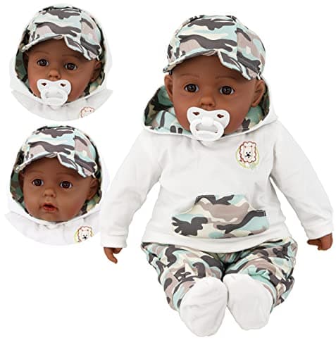 Image of BiBi Doll 20" Black Ethnic Baby Boy Doll - Large Lifelike Size, Soft Body, with Dummy & Sounds in Camo Outfit, Toy for Boys & Girls Aged 18 Months+