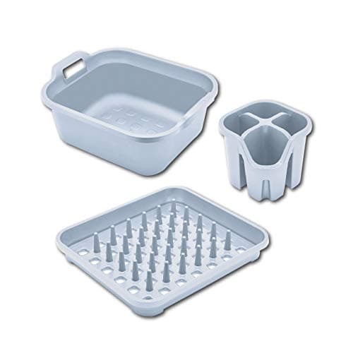 Image of Addis Eco Made from 100% Plastic Family Kitchen Sink Washing Up Set, contains Washing up Bowl, Cutlery Utensil Draining Caddy, Plate Draining Rack with Pegs, Light Grey Recycled