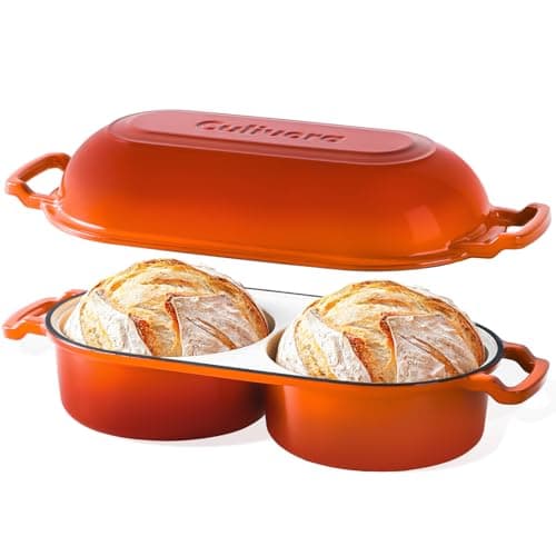 Image of Culivora Cast Iron Bread Pan with Lid, Enamel Sourdough Baking Dutch Oven Pot, Double Round Loaf Space for Homemade Bread, Cake, Meatloaf, 16.5cm Diameter, 500°F Oven Safe, Non Stick, Orange