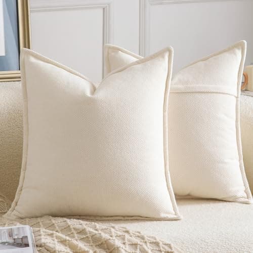 Image of Madizz Decorative Chenille Cream Cushion Covers 55x55 cm Pack of 2 Throw Pillows for Couch Sofa Boho Accent Pillow Cases for Bed Cushion for Bedroom Living Room Modern Home Decor