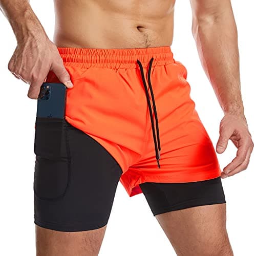 Image of Danfiki Mens Running Shorts Men's Gym Sports Short 2 in 1 with Phone Pocket Lightweight Quick Drying Orange