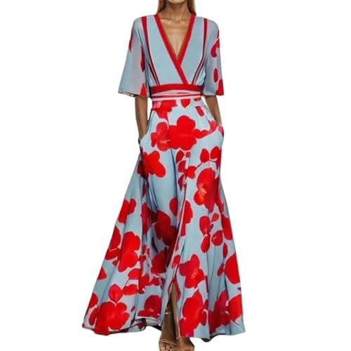 Image of Fashion Elegant Temperament V Neck Floral Printed Summer Dresses for Women UK Flower Graphic Vintage Dress Ladies V Neck Knee Length Wrap Waist Half Sleeve Slim Trendy Maxi Dress (Red, M)