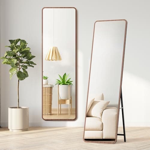 Image of Warmiehomy 160X50cm Wooden Frame Full Length Mirror, Rectangular Standing Full Body Mirror, Hanging or Leaning Against Wall for Bedroom Cloakroom Living Room, Walnut