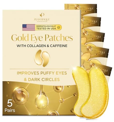 Image of Plantifique 24K Gold Under Eye Gel Patches - Dermatologist Tested - 5 Pairs Collagen & Hyaluronic Acid Eye Masks for Dark Circles & Puffiness