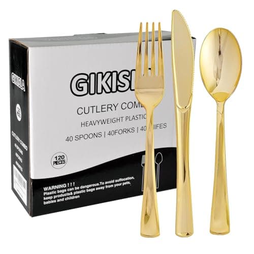 Image of 120 Pack Gold Plastic Cutlery Set, Including 40 Forks, 40 Knives, 40 Spoons, Reusable Heavy Duty Plastic Silverware Set for Christmas Weddings, Birthday, Parties, Dinners