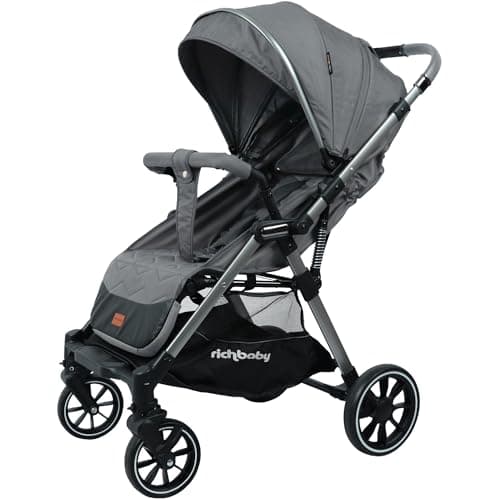 Image of RichBaby Dash Pushchair - from Birth to 3 Years (15kg), Lightweight, Easy One-Hand Fold, Compact Stroller, Large Extendable Hood - Grey