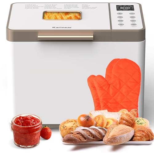 Image of Karinear Bread Maker, Upgrade 20 Function Bread Machine with Gloves, 15 H Timer & 20 Preset Function, 2LB Stainless Steel Bread Maker Machine with 3 Loaf Sizes 3 Crust Colors