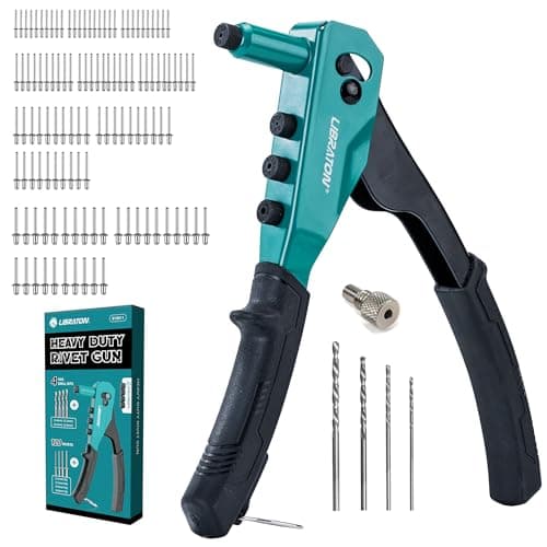 Image of Libraton Rivet Gun Set, Pop Rivet Gun, Heavy Duty Rivet Tool, Professional Hand Riveter, Manual Riveting Tool with 120 Blind Rivets, 4 HSS Drill Bits, 4 Tool-Free Interchangeable Heads