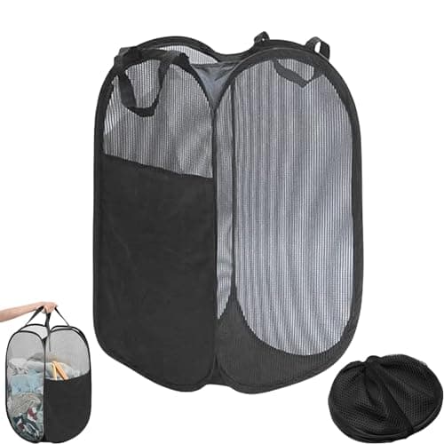Image of Tyrzol Large Washing Basket Collapsible Mesh Collapsible Washing Basket Pop up Laundry Hamper Basket with Side Pocket Laundry Hampers Mesh Laundry Baskets with Handles for Bathroom College Dorm Black