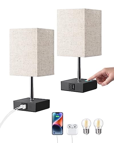 Image of EDISHINE Bedside Lamps Set of 2, 3 Way Dimmable Table Lamp with USB A+C Charging Ports, Touch Lamps for Bedroom, Living Room, Beige Linen Lampshade(LED Bulbs Included)