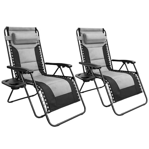 Image of Outsetter Set of 2 Extra Wide Zero Gravity Chairs, Luxury XXL Premium Heavy Duty Padded Garden Recliners,Sun Lounger Folding Garden Recliner,Adjustable Headrest,Cup & Phone Holder(Light Grey)