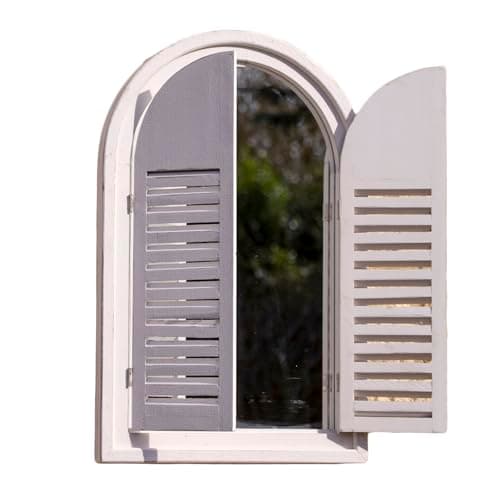 Image of Darthome White Arched Shutter Window Garden Mirror, Outdoor French Country Wall Decor with Louvre Shutters, Wood and Glass, 37x60x5cm