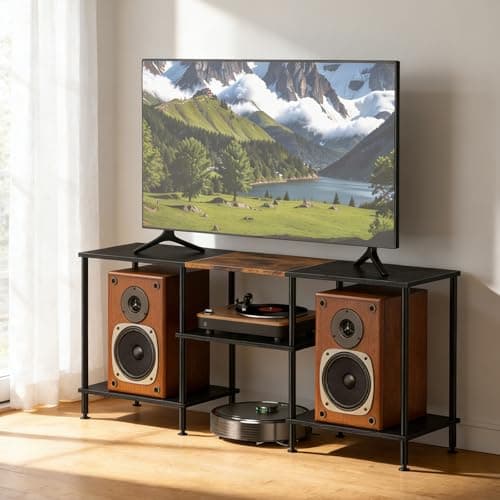 Image of UOMIO Wooden TV Stand Cabinet TV Units With 3-Tier Shelf TV Stands for Living Room Adjustable Feet Rustic TV Unit for TVs Under 50 in TV Cabinet for Bedrooms Living Rooms Apartments (Black)