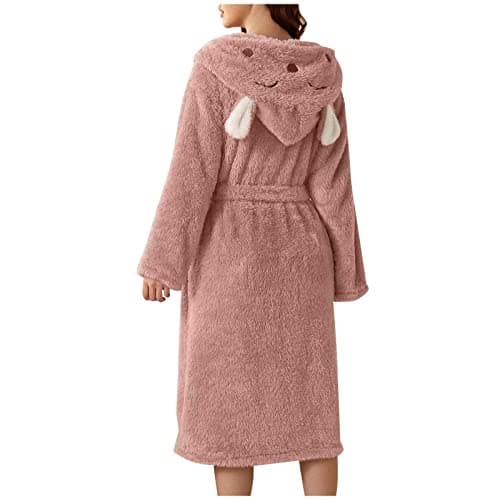 Image of Ladies Dressing Gown for Womens Luxury Fleece Hooded Bathrobe Teen Girls Cute Soft Robe Housecoat with Hood & Ears, Winter Warm Flannel Comfy Oversized Dressing Gown Plush Nightgown Loungewear Gift