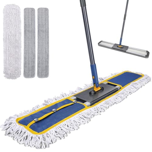 Image of MASTERTOP Large Industrial Mop, 90cm Wide Heavy Duty Flat Mop with Adjustable Handle, Floor Sweeper Mops with 3 Reusable Pads, Wet & Dry Commercial Mops for Warehouse, Office, Mall - Blue