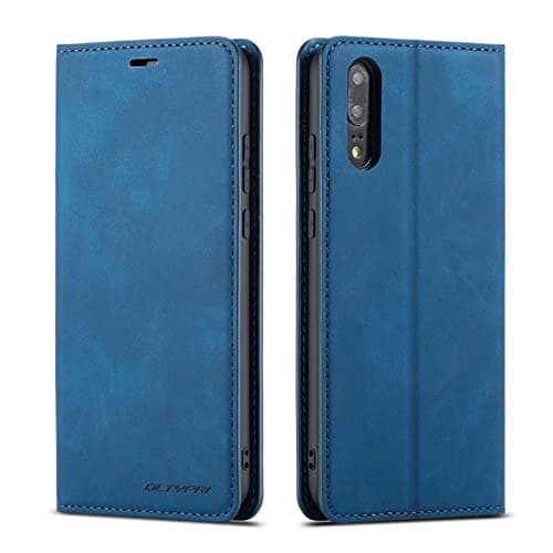 Image of QLTYPRI Case for Huawei P20 Pro, Premium PU Leather Cover TPU Bumper with Card Holder Kickstand Hidden Magnetic Adsorption Shockproof Flip Wallet Case Compatible with Huawei P20 Pro - Blue