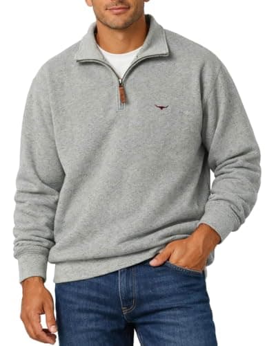 Image of RM Williams Mens Mulyungarie Half Zip Sweatshirt Grey Marl Premium Cotton Blend Quarter Zip Pullover with Longhorn Logo Smart Casual Fleece Jumper for Men (UK, Alpha, XXL, Regular, Regular, Grey Marl)