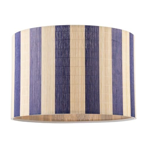 Image of Shabby Chic Natural Brown Bamboo Drum Lamp Shade with Navy Midnight Blue Stripes | 18cm x 25cm | Inner White Gloss Frame by Happy Homewares