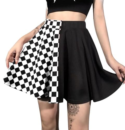 Image of DINGJIUYAN Checkered Skirt-Goth Girl Gothic Black High Waist Grunge Harajuku Punk A-Line Plaid Pleated Skirt Grunge Dark Academy