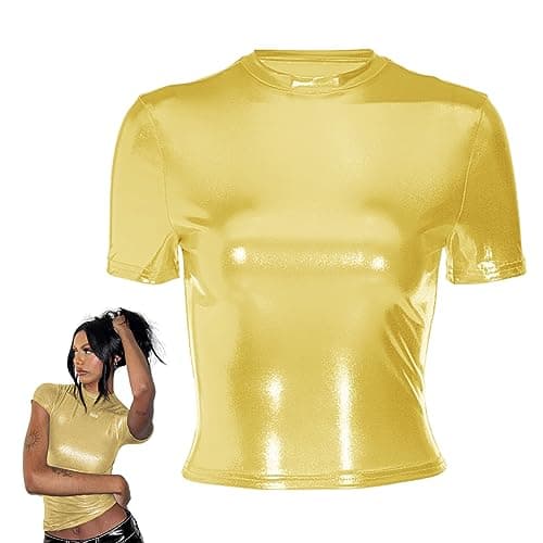 Image of Women's Shiny Tops, Holographic Metallic Short Sleeve Slim Fit T-Shirt, Shimmer Crop Top Mock Neck Party Blouse, Glitter Sparkle Disco Tee Shirt Blouse for Festival Rave Dance Costume Clubwear