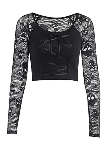 Image of DINGJIUYAN Halloween Shirts for Women,Gothic Crop Tops Mesh Short Sleeve Punk Alt Shirt Grunge Harajuku Emo Tops with Bandage