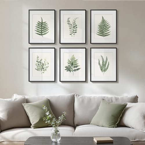 Image of Framed Green Nature Botanical Wall Art, Set of 6 Minimalist Plant Leaf Painting Prints Artwork, Natural Fern Leaves Picture for Modern Farmhouse Living Room Bedroom Bathroom Kitchen Home Decor, 11x14