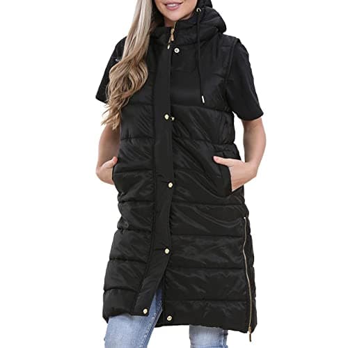 Image of A2Z Ladies Gilet Oversized Hooded Quilted Gilet Padded Long Line Vest - Gilet 800 Black S