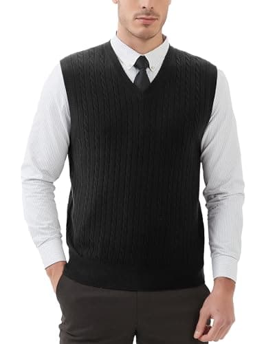 Image of Kallspin Men’s Sweater Vest Wool Blend Cable Knit Sleeveless Jumper Casual Pullover Knitwear(Black, L)