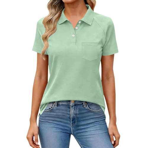 Image of Ladies Solid Pique Polo Shirts Cotton Stretch Short Sleeve Button Front Performance Golf Tennis Work Tops Mint Green,XL