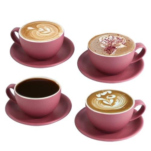 Image of Yundu Matte Purple Cappuccino Cups Set 4 x 300 ml. Ceramic Latte Mugs with Saucers, Elegant Espresso Cups for Coffee & Tea