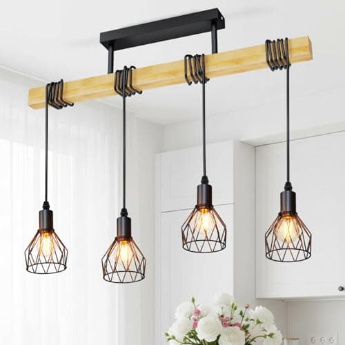 Image of LVWIT Black Pendant Lighting,Vintage Hanging Lights,Wood Ceiling Light Fitting,4 Way Kitchen Light Ceiling,Drop Lights Ceiling,Industrial Ceiling Light for Lving and Dining Room(E14 Base,NO Bulbs)