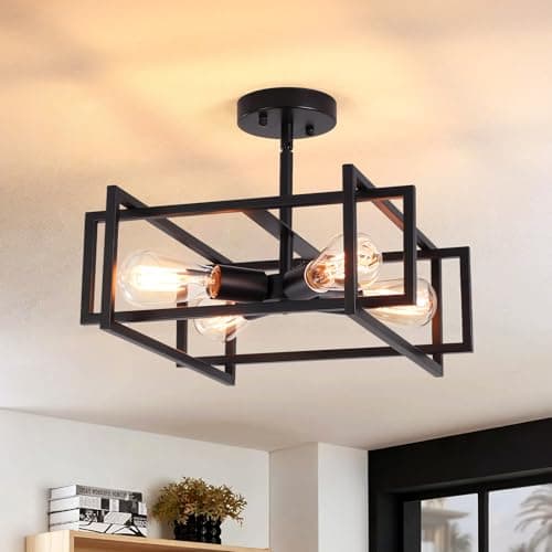 Image of LWYTJO Black Ceiling Light Living Room, 4 Lights Industrial Semi Flush Mount Ceiling Lights, Vintage Black Chandeliers Ceiling Light for Kitchen, Bedroom, Dining Room, Lounge, Hallway