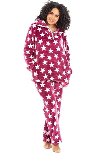 Image of Camille Womens 2-Piece Super Soft Pyjama Set | Warm, Thick Fleece Full Length PJ Set, Top & Bottoms | Long Sleeves & Elastic Waist | Luxury Comfy, Fluffy Loungewear for Women | Burgundy & White 10-12
