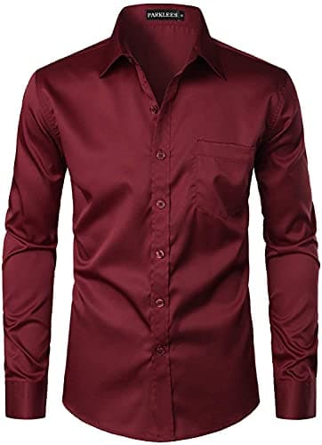 Image of PARKLEES Men's Urban Stylish Casual Business Slim Fit Long Sleeve Button Up Dress Shirt with Pocket Burgundy S