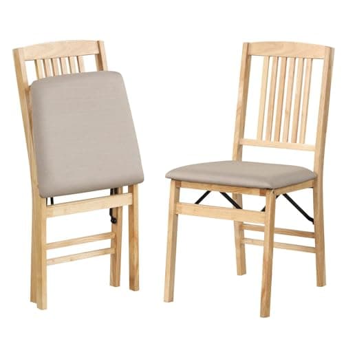 Image of TANGZON Folding Chairs Set of 2, Upholstered Dining Chairs with Rubber Wood Legs & Backrest, Easy Storage Padded Guest Conference Seats for Home Kitchen Office Event (Linen Fabric Seat, Beige+Natural)